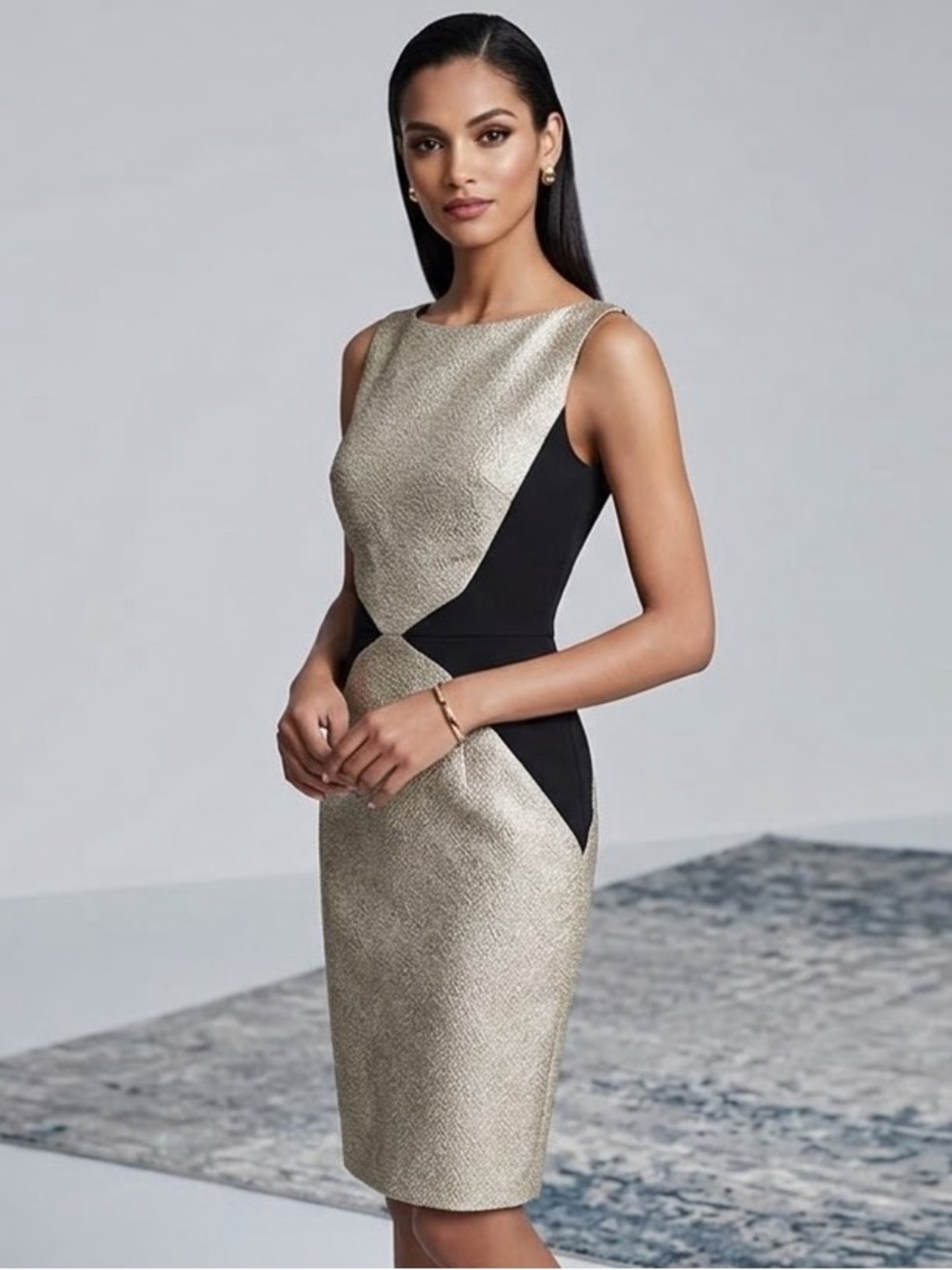 Carmen Marc Valvo Black and Gold Metallic Paneled Midi Dress